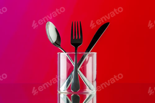 Preview: front view metal cutlery fork knife and spoon inside little glass on red-pink background color