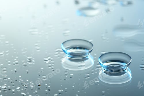Preview: Pair of contact lenses on wet mirror surface. Space for text