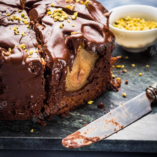 Preview: Dark Chocolate cake with pears and pistachio