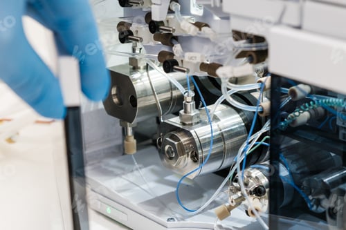 Preview: Scientist hand opens the door with binary pump for mixing for HPLC gradient formation and solvent