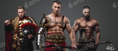Preview: Naked gladiator with greek warlord and barbaric viking