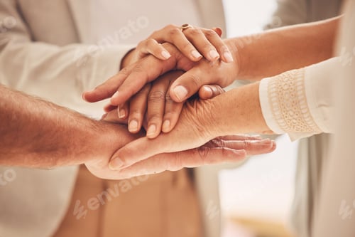 Preview: Business people, hands together and unity in partnership or trust for teamwork, collaboration or su