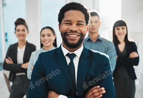 Preview: Portrait, black man and leadership for teamwork, collaboration and motivation in office. Happy grou