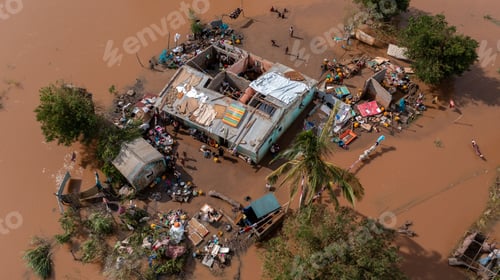 Preview: Aerial of the poor population of Africa living in old buildings during the flood