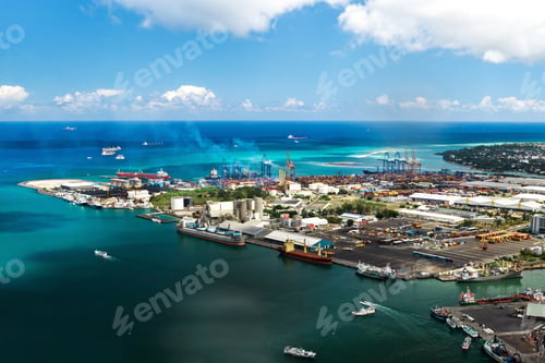 Preview: Aerial view of the port on the waterfront of PORT LOUIS, Mauritius, Africa
