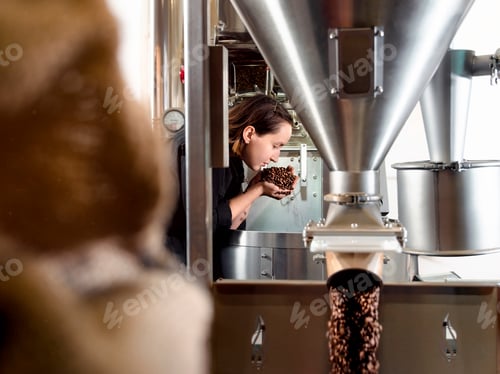 Preview: Woman smelling coffee beans in factory