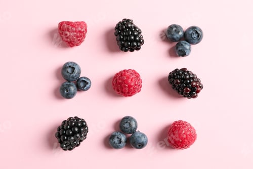 Preview: Flat lay composition with berries on color background, space for text