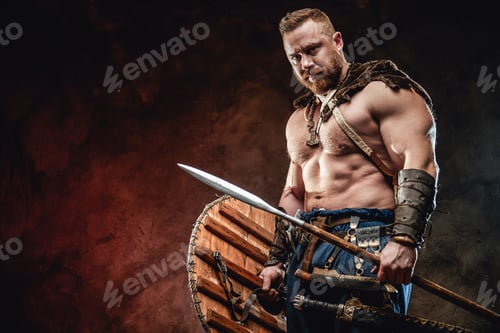 Preview: Brutal scandinavian barbarian with spear and shield in dark background