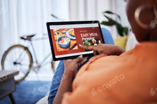 Preview: Fast food, menu screen or hands with tablet for meal delivery, payment or online order on website.