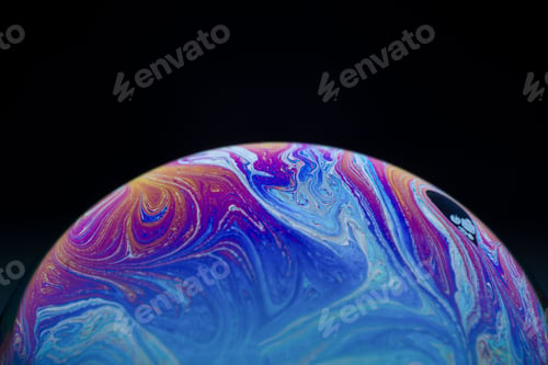 Preview: Half a soap bubble. Close-up. Black background. Bright colors. Side view. Imitation of an unknown pl