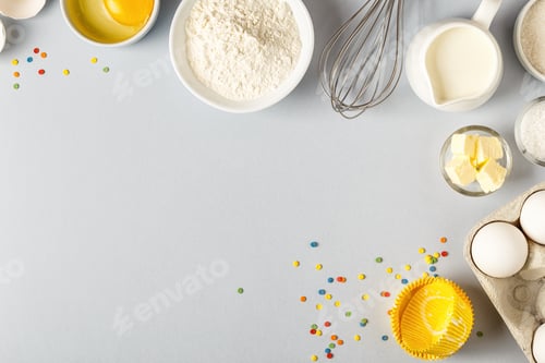Preview: Background with ingredients for cooking, baking, flat lay.