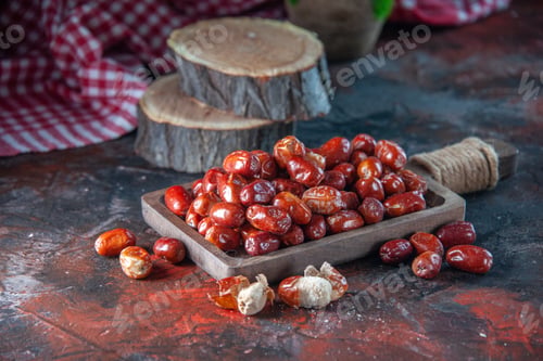 Preview: Side view of fresh raw silverberry fruits inside and out side of a wooden tray flower pot red