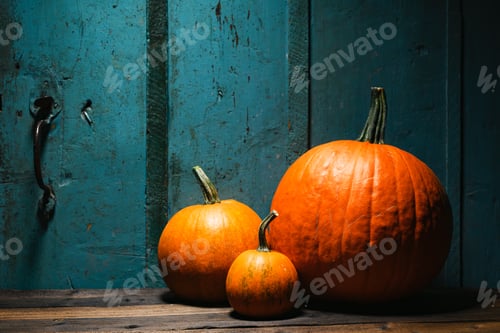 Preview: Three orange pumpkins on rough wood table in countryside autumn style