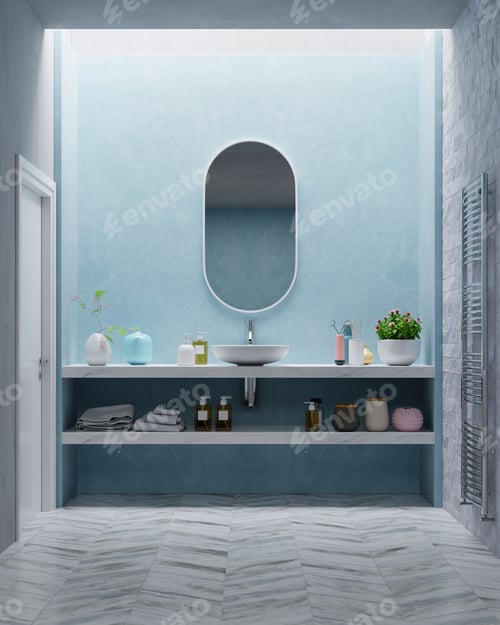 Preview: Modern Bathroom interior design on blue wall.