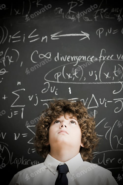 Preview: Young student pondering complex math problems on a chalkboard