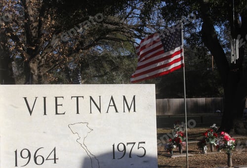 Preview: Close-up of Vietnam War Memorial with American flag in Tyler TX cemetery