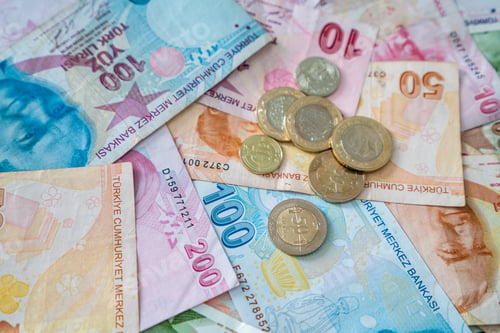 Preview: Various Turkish Lira Banknotes And Coins. Turkish Money