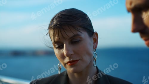Preview: Closeup elegant businesswoman work partner on sea terrace. Corporate team check