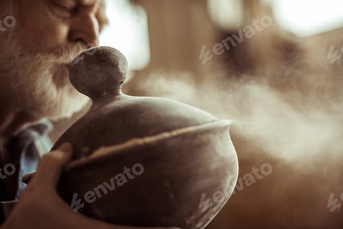 Visualização: Close-up do oleiro sênior em avental examinando a tigela de cerâmica na oficina