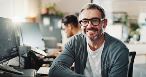 Preview: Happy man, programmer and glasses in office for portrait, website development or software engineeri