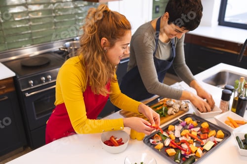 Preview: Happy biracial lesbian couple cooking, seasoning chopped vegetables in kitchen at home