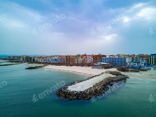 Preview: Panoramic view from a height above the town of Pomorie washed by the Black Sea in Bulgaria