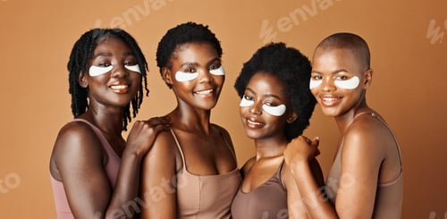 Preview: Face, happy or black women with eye patch for skincare or beauty isolated on brown background. Stud