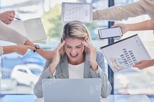 Preview: Headache, multitask and business woman in stress, anxiety and burnout of deadlines, time management