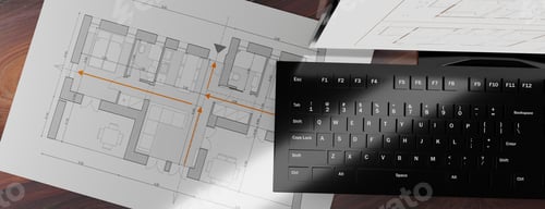 Preview: Architect engineer office. Architecture building plan and black computer. 3d illustration