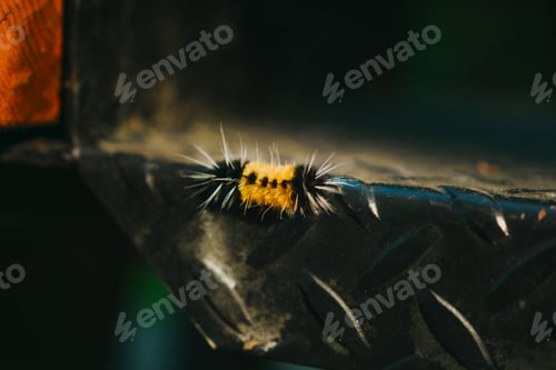 Preview: a fuzzy yellow and black cater with many thin legs walking around