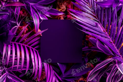 Preview: Creative fluorescent tropical leaf layout with a square note. Creative concept of nature.