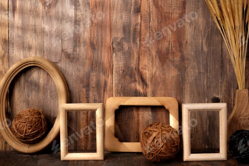 Preview: mockup group of wood photo frames on wood table and decor with wicker decoration items