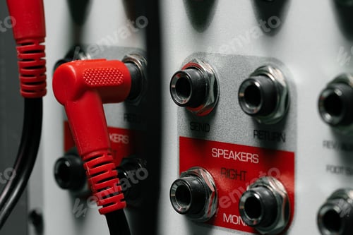Preview: Rear panel of music system amplifier with wires