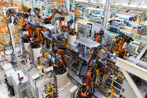 Preview: Car bodies are on assembly line. Factory for production of cars. Modern automotive industry