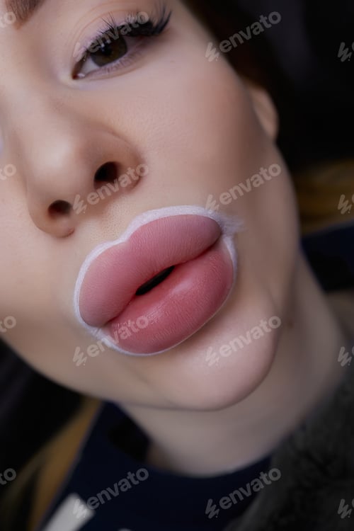 Preview: A girl pulls her lips forward before a permanent lip makeup procedure