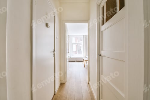 Preview: Narrow corridor with doors and lamp