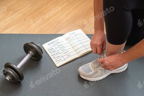 Preview: Woman preparing for home workout with fitness routine planner