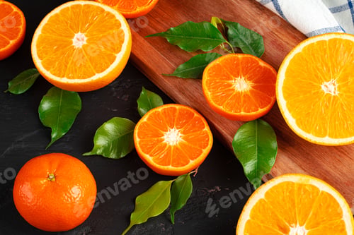 Preview: Cut oranges on wooden board on table