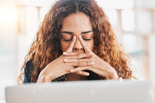 Preview: Stress, headache and tired business woman on laptop in office for 404 technology glitch. Frustrated