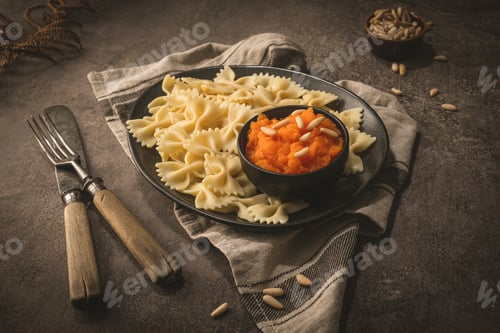 Preview: Farfalle pasta with pumpkin puree and pine nuts