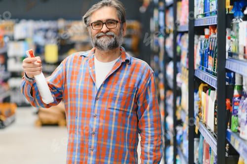 Preview: Portrait of focused man buying household chemicals in supermarket, reading labels on bottles