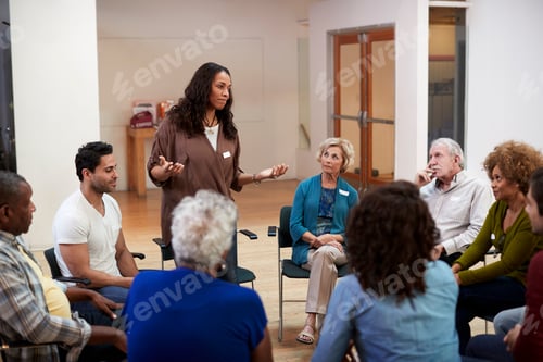 Preview: Woman Standing To Address Self Help Therapy Group Meeting In Community Center