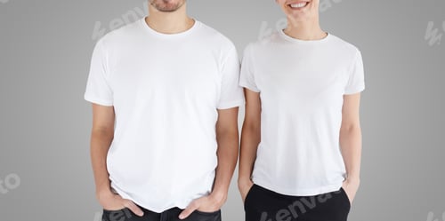Preview: Young smiling couple in blank white t-shirts isolated on gray