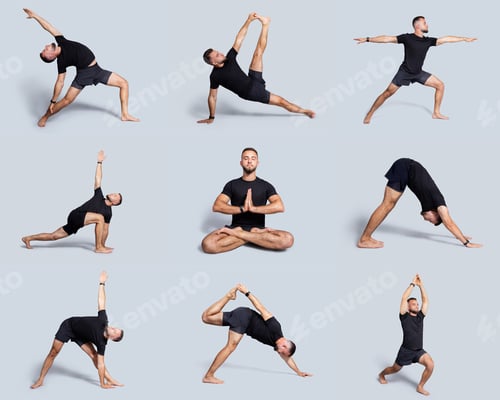 Preview: A variety of yoga poses demonstrated by a man on a light background