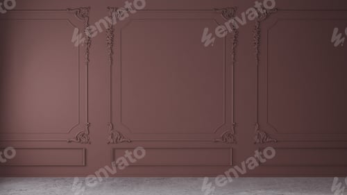 Preview: Red wall with classic style mouldings and concrete floor, empty room interior, 3d render