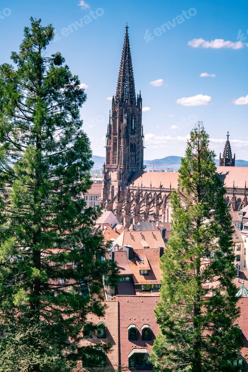 Preview: View of red roofs and historical gothic Muenster Cathedral in the famous city in Germany