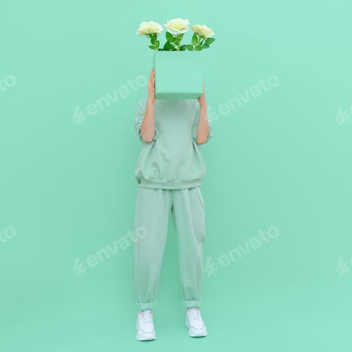 Preview: Roses fresh Mint fashion style. Monochrome color trends. Aqua Menthe aesthetic concept.