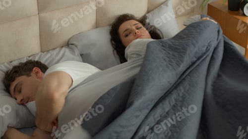 Preview: Couple man woman sleeping on bed bedroom pulling blanket quarrel misunderstanding female male wife