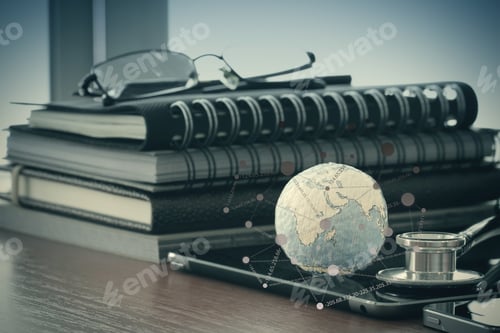 Preview: Stethoscope And Texture Globe With Digital Tablet With Social Media Network Diagram As Medical