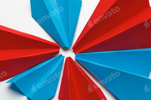 Preview: Red and blue paper planes on white background. Leadership and Business competition concepts